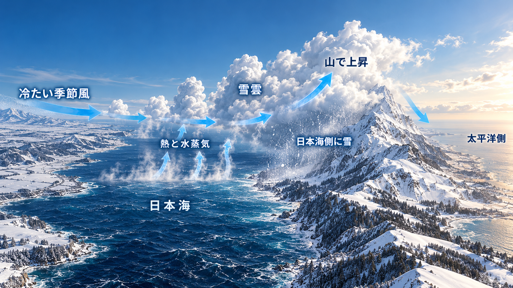 大陸の寒気が日本海で熱と水蒸気を受け取り、雪雲が山を上がって日本海側に雪を降らせる模式図
