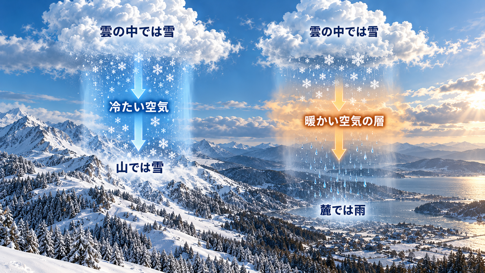 上空で生まれた雪が冷たい空気では山に雪として届き、暖かい層で融けると麓で雨になる模式図