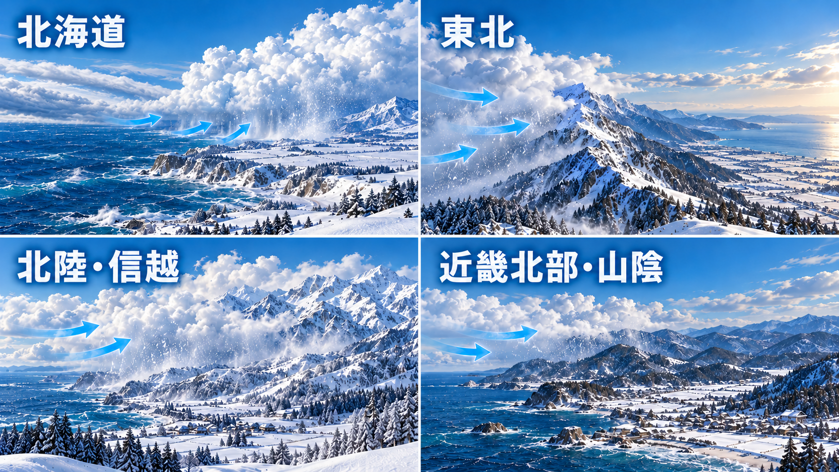 北海道、東北、北陸・信越、近畿北部・山陰の雪の降り方の違いを表した模式図