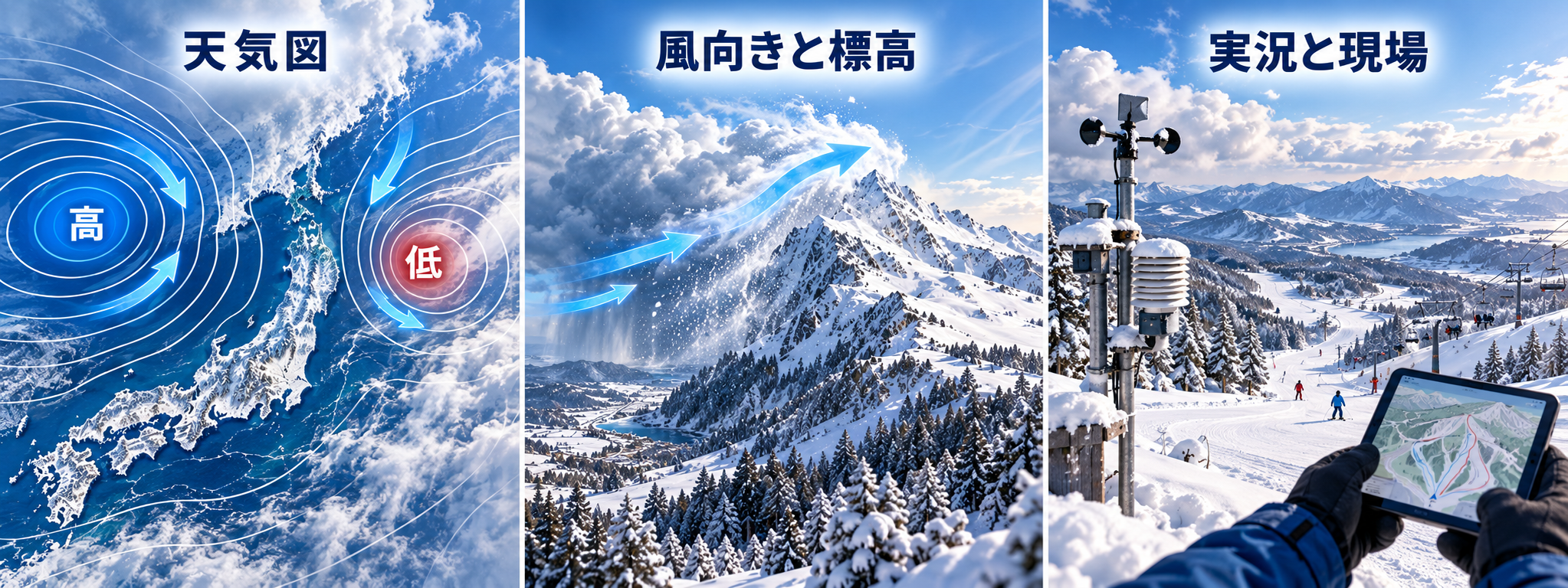 天気図、風向きと標高、実況と現場を順に確認する三つの手掛かりの模式図