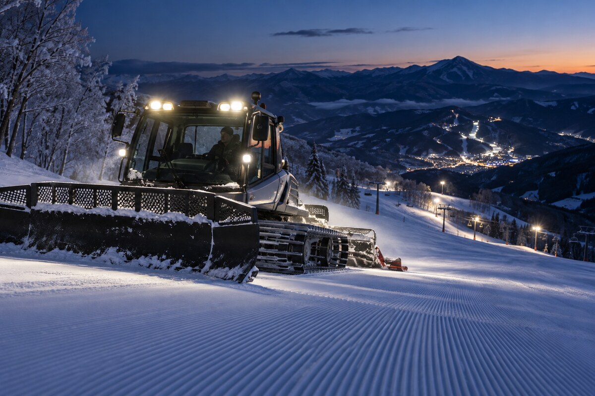 夜間のゲレンデで圧雪作業を行うオペレーター