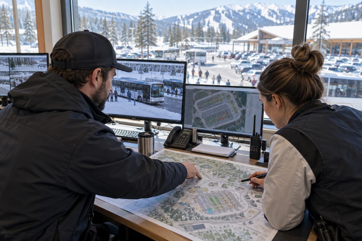 雪山の駐車場とシャトルバスを案内するスタッフ