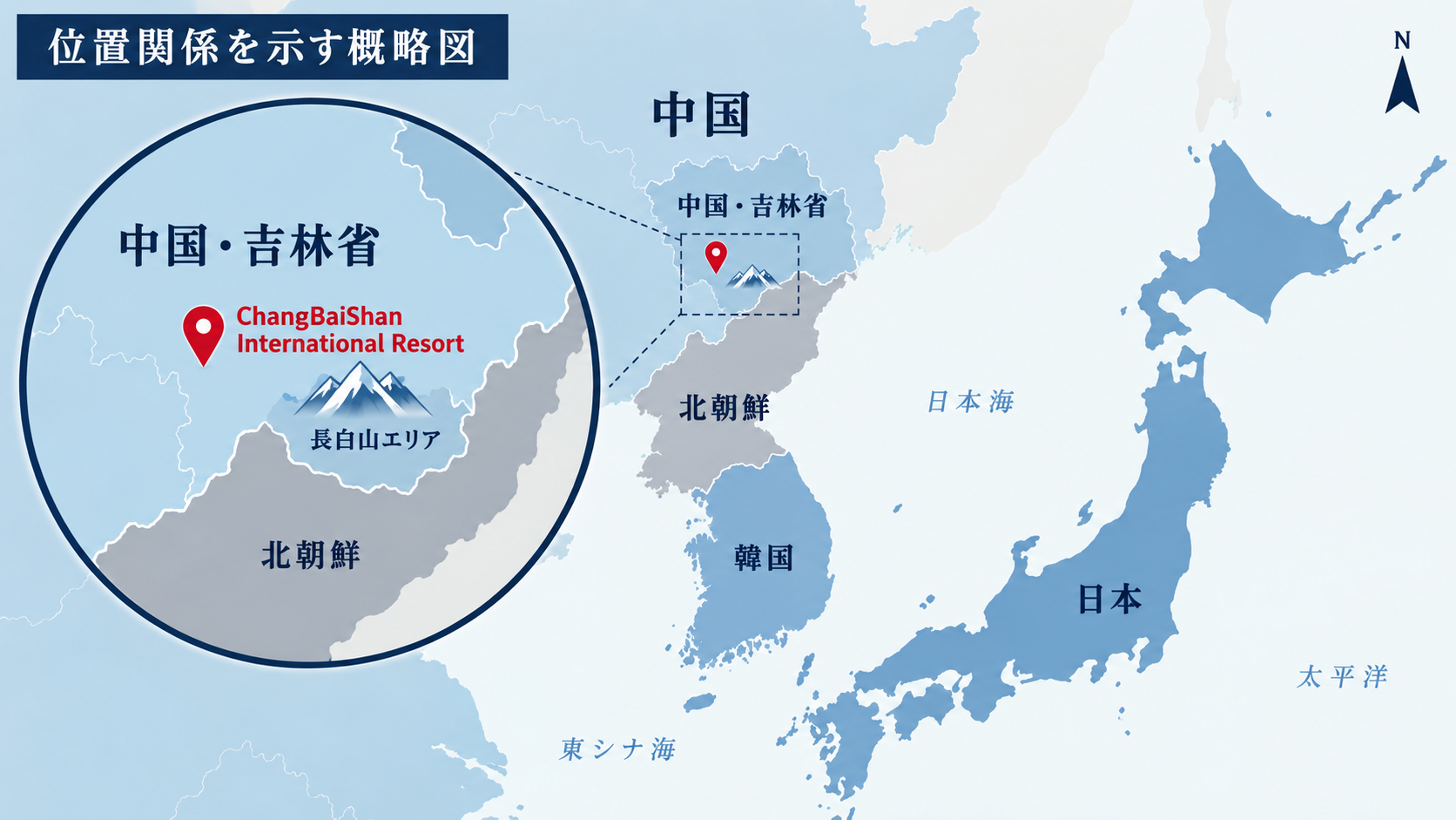 中国・吉林省の長白山リゾートと北朝鮮、韓国、日本の位置関係を示す概略図