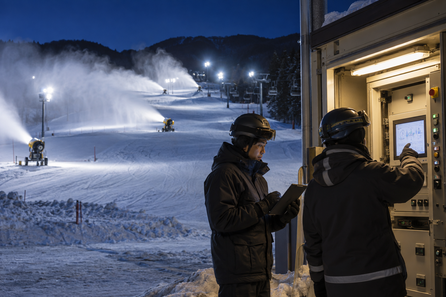ポンプ制御設備で水量と電力、降雪機の運転状況を確認するスタッフ