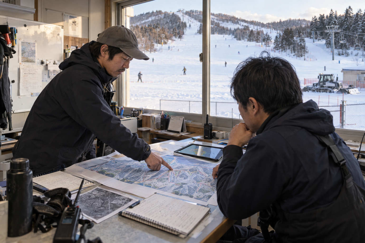 営業中の雪面状況と夜間の圧雪ルートを確認するオペレーター