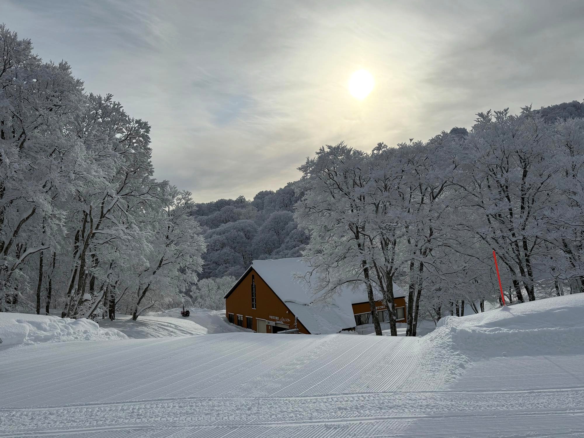 野沢温泉スキー場の山頂エリアに広がる雪景色と圧雪ゲレンデ