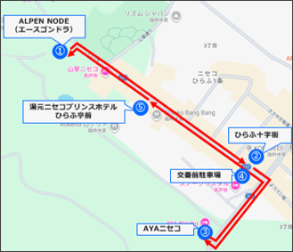 ニセコひらふ地区における自動運転EVバスの実証ルート図