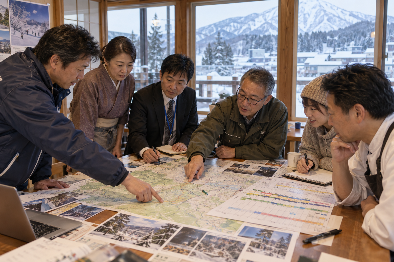 地図を囲んで観光地域の計画を話し合う地域関係者