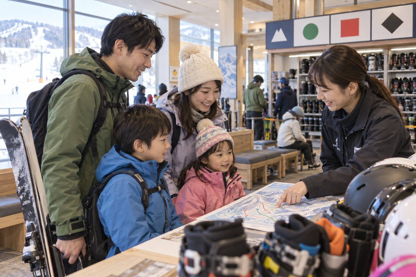 レンタルエリアでスタッフからコース案内を受ける初来場の家族