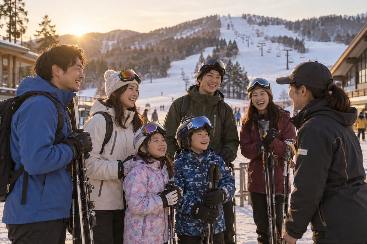 夕方のスキー場でスタッフと笑顔を交わすリピーターの家族と若者たち