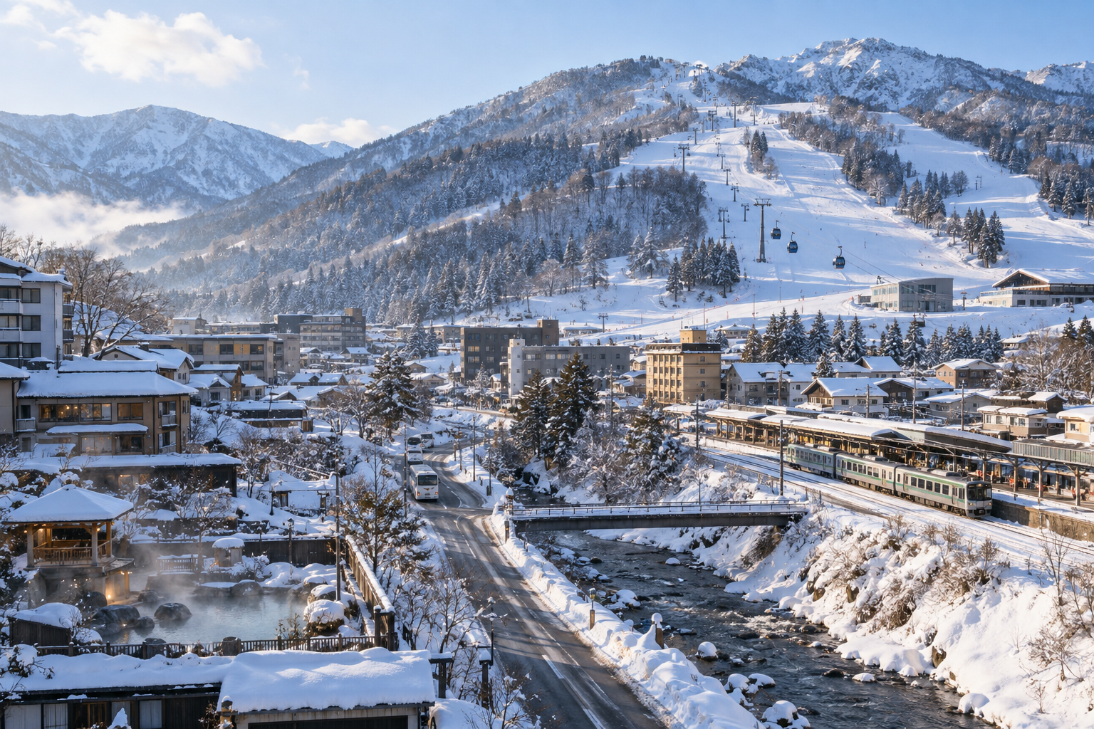 雪山のスキー場と温泉街、鉄道、道路が一体となった冬の地域