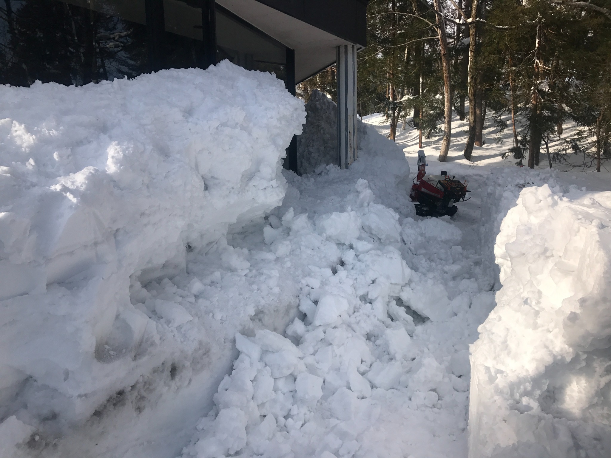 建物の周辺に積み上がった大量の雪と小型の除雪機