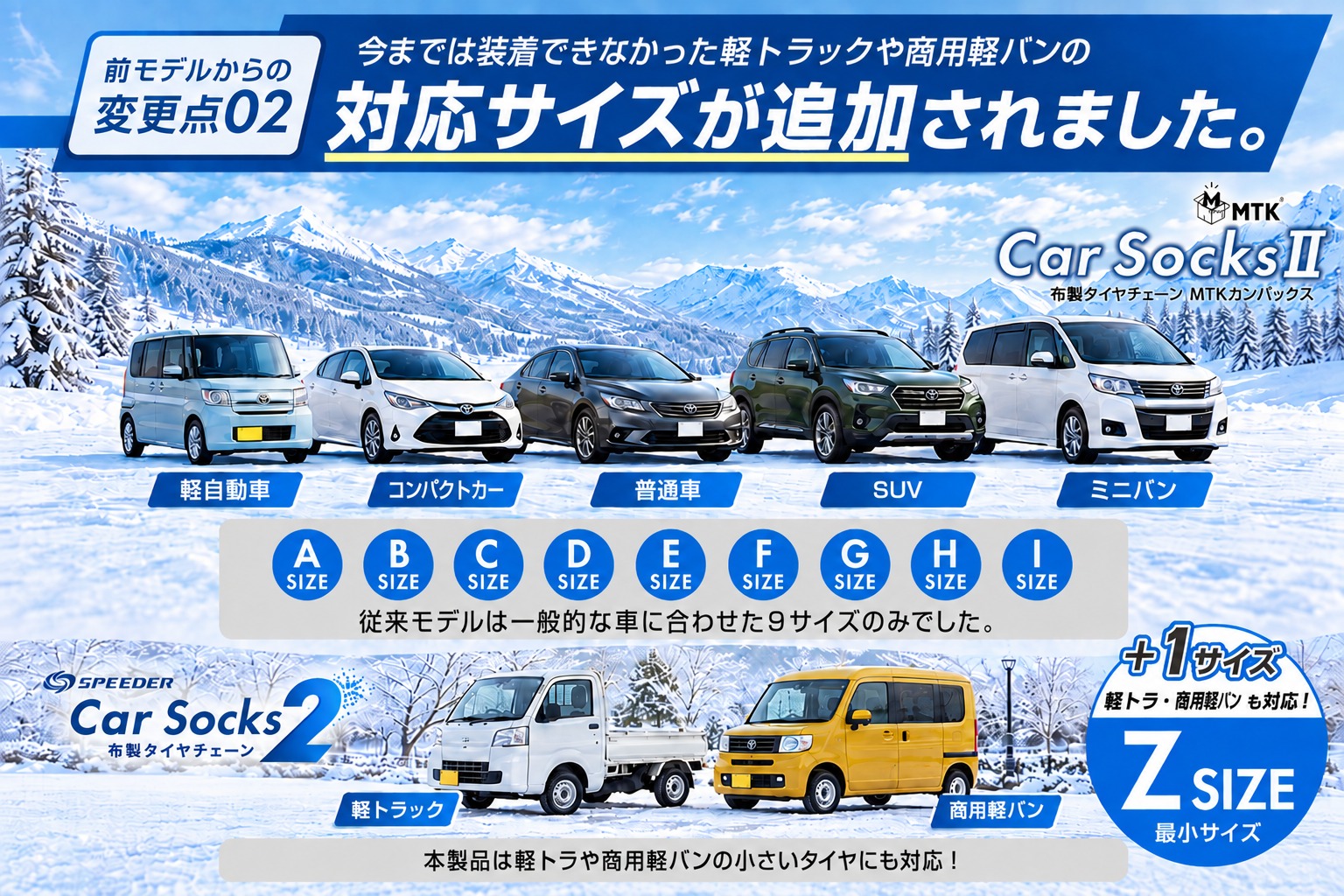 従来の9サイズに軽トラック・商用軽バン向けZサイズを追加